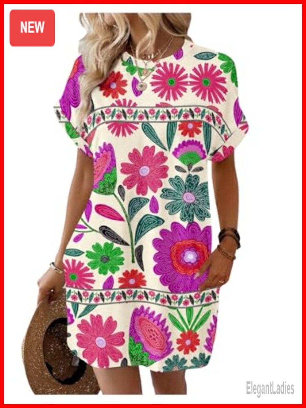 Boho Floral Mini Dress Crew Neck Cap Sleeve Casual Summer Dress